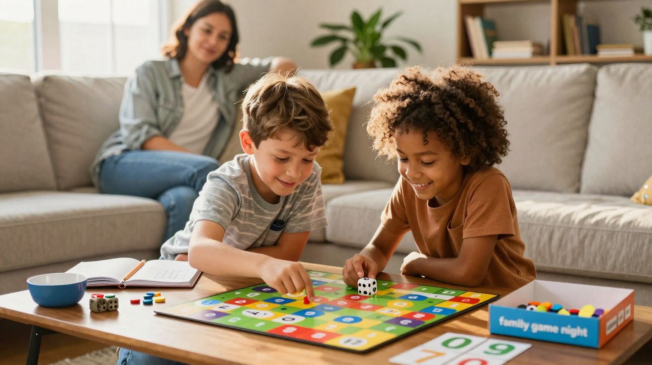 Duas crianças jogando jogo de tabuleiro em uma mesa com mulher ao fundo assistindo.