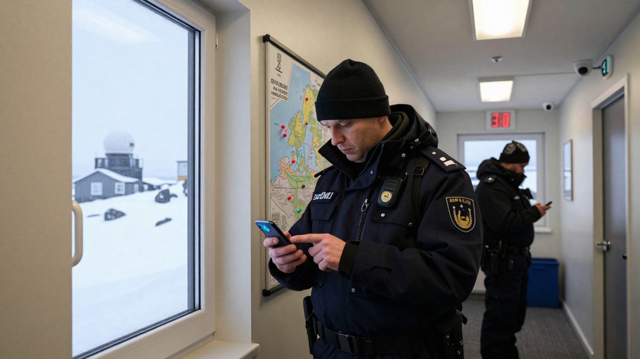 Dois policiais em corredor, um usando celular e outro ao fundo, com janela mostrando paisagem de neve.