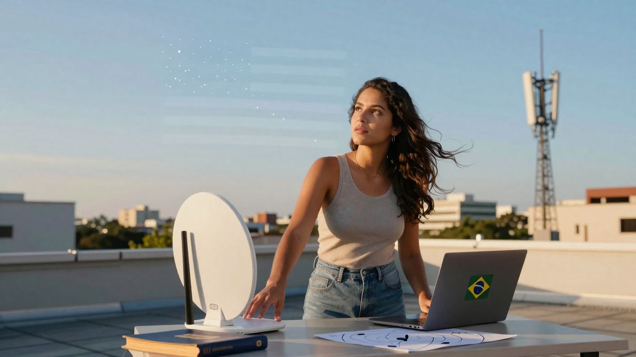 Jovem mulher usando roteador e laptop com adesivo da bandeira do Brasil em ambiente externo rooftop.