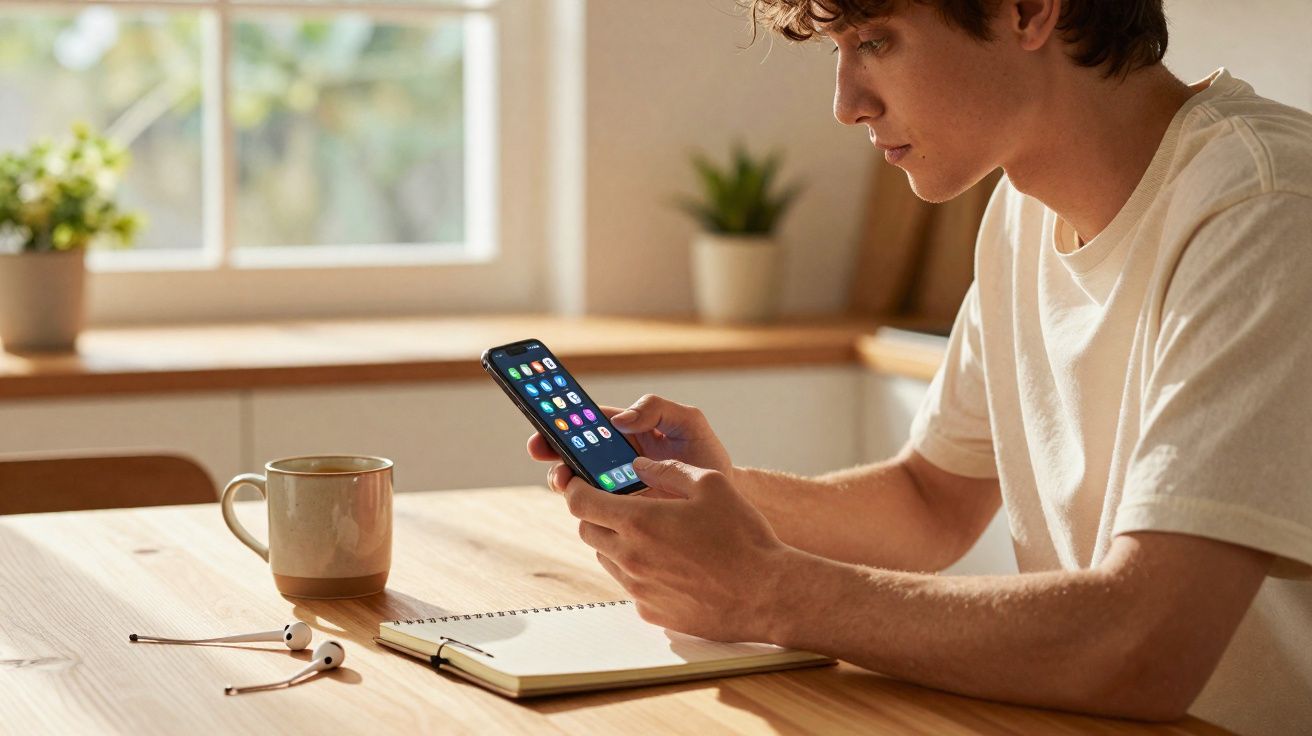 Jovem sentado à mesa usando smartphone com caderno, caneta, fones e caneca à sua frente.