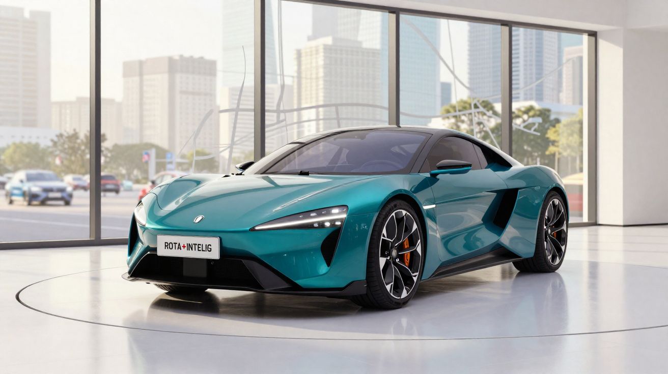 Carro esportivo azul metálico estacionado em ambiente moderno com grandes janelas de vidro e vista urbana.