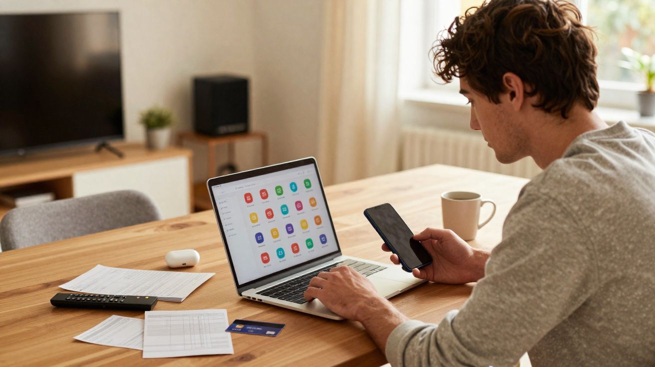 Homem trabalhando em mesa de madeira com notebook, celular e documentos em ambiente iluminado.