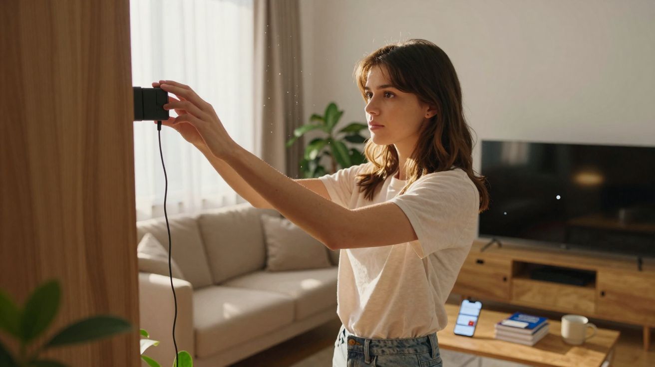 Mulher jovem ajusta dispositivo eletrônico na parede em sala de estar iluminada, com sofá e TV ao fundo.