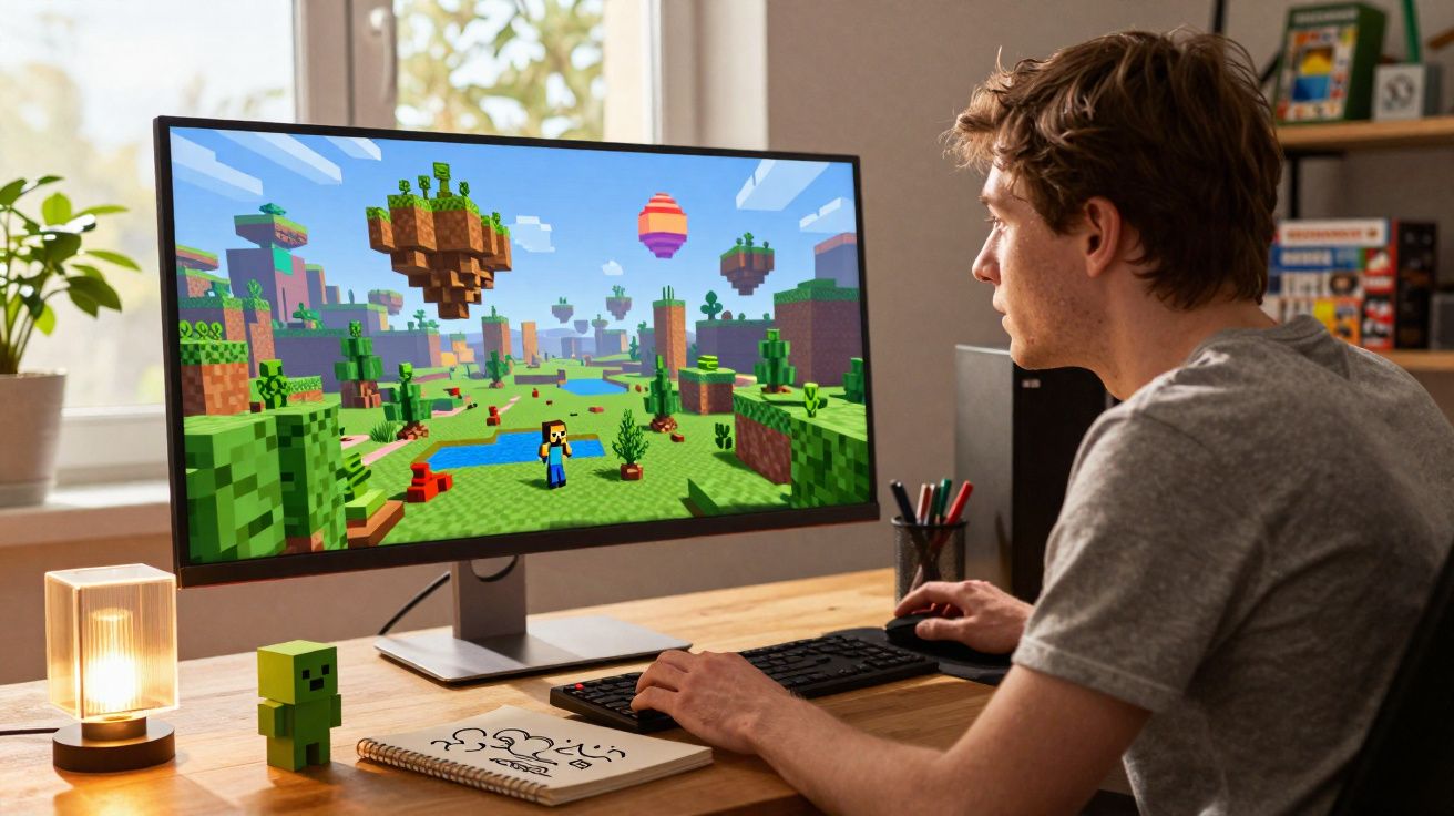 Homem jogando videogame de mundo pixelado colorido em computador com monitor grande em mesa organizada.