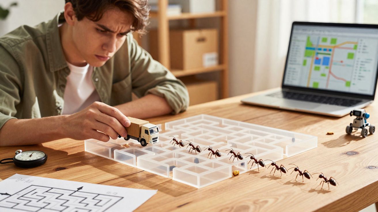 Homem manipula miniatura de caminhão perto de labirinto transparente e formigas em mesa com laptop e relógio.