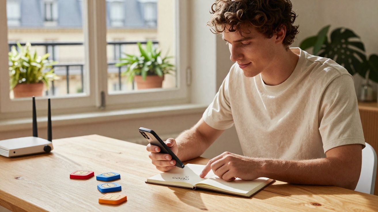 Jovem sentado à mesa usando celular e escrevendo em caderno, com janelas e plantas ao fundo.