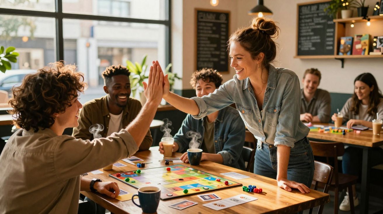 Grupo de jovens sorrindo e jogando jogo de tabuleiro em cafeteria iluminada e aconchegante.