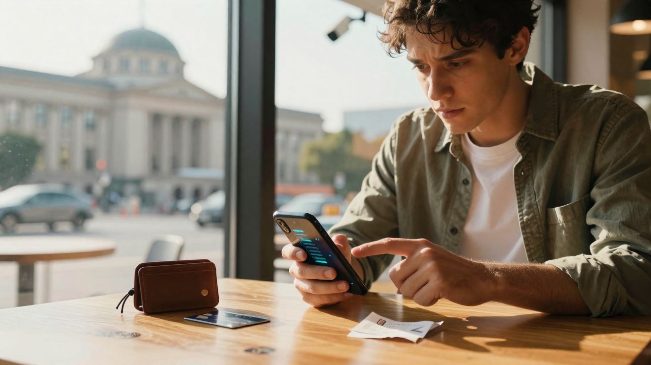 Jovem sentado em cafeteria usando celular com carteira e cartão sobre a mesa em ambiente urbano.