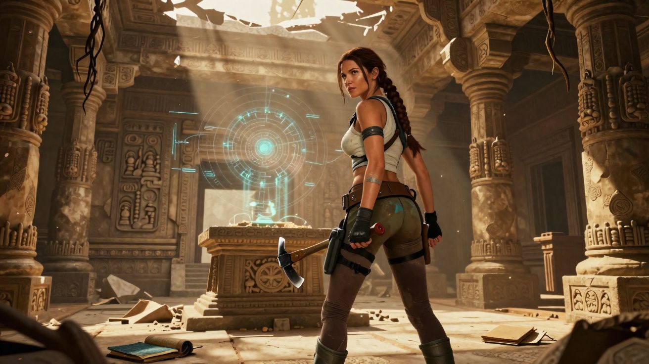 Mulher com roupa de exploração segura picareta em templo antigo com holograma tecnológico no centro.