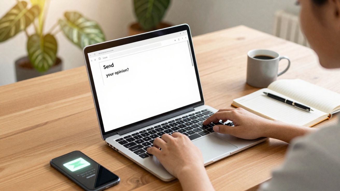 Pessoa digitando em laptop com mensagem "Send your opinion?" e celular com notificação de e-mail, mesa de madeira.