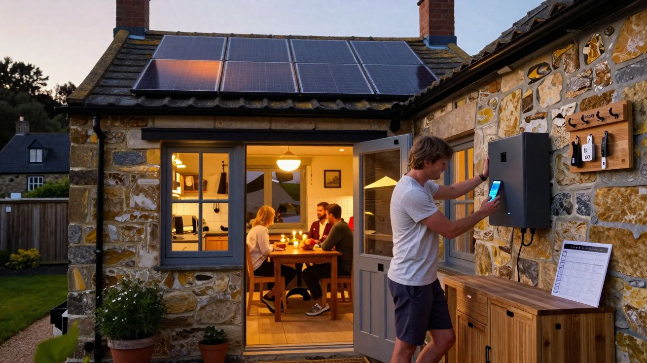 Casa com painéis solares no telhado, homem operando sistema externo e três pessoas jantando ao fundo.