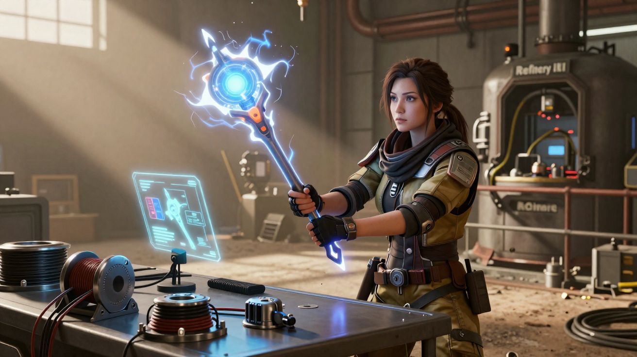 Mulher em roupa tática segura bastão com energia azul em laboratório tecnológico avançado.