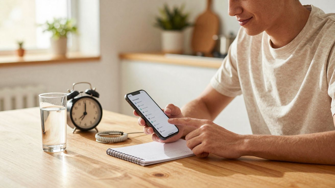 Pessoa usando celular e fazendo anotações em caderno sobre mesa de madeira com copo d'água e relógio despertador.