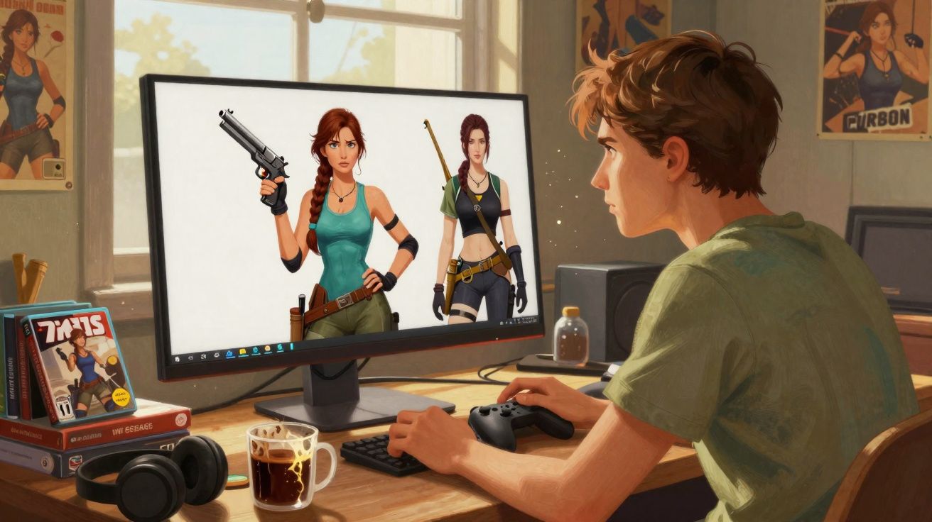 Jovem jogando videogame em computador com personagens femininas armadas na tela em ambiente iluminado.