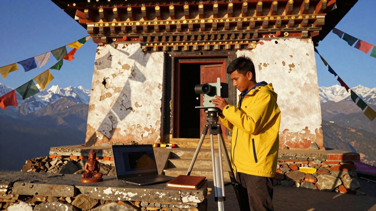 Homem com jaqueta amarela ajusta equipamento topográfico em templo antigo nas montanhas com notebook e estátua budista.