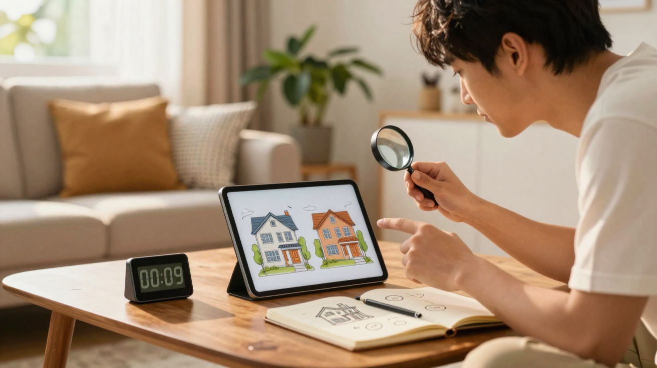 Homem observa ilustrações de casas em tablet usando lupa em mesa com caderno aberto e relógio digital.