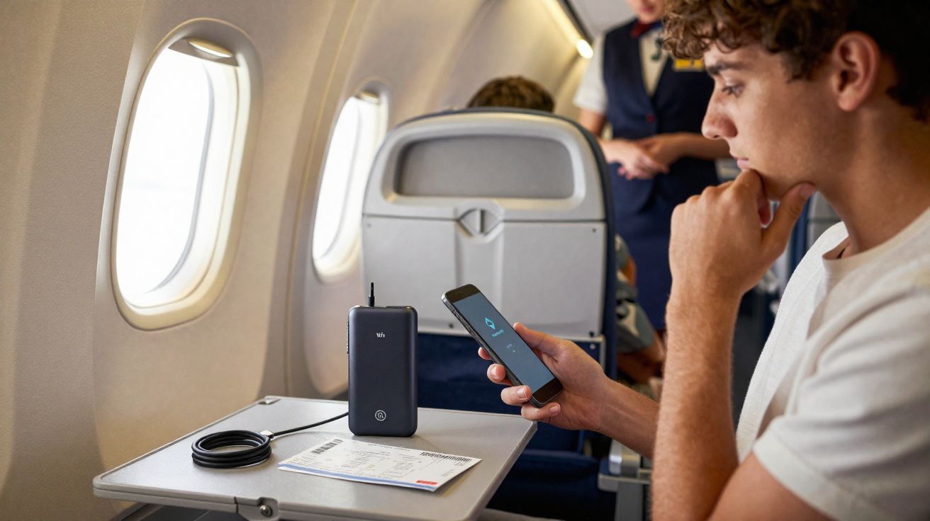 Jovem sentado em avião usando celular e dispositivo eletrônico sobre bandeja com folheto.