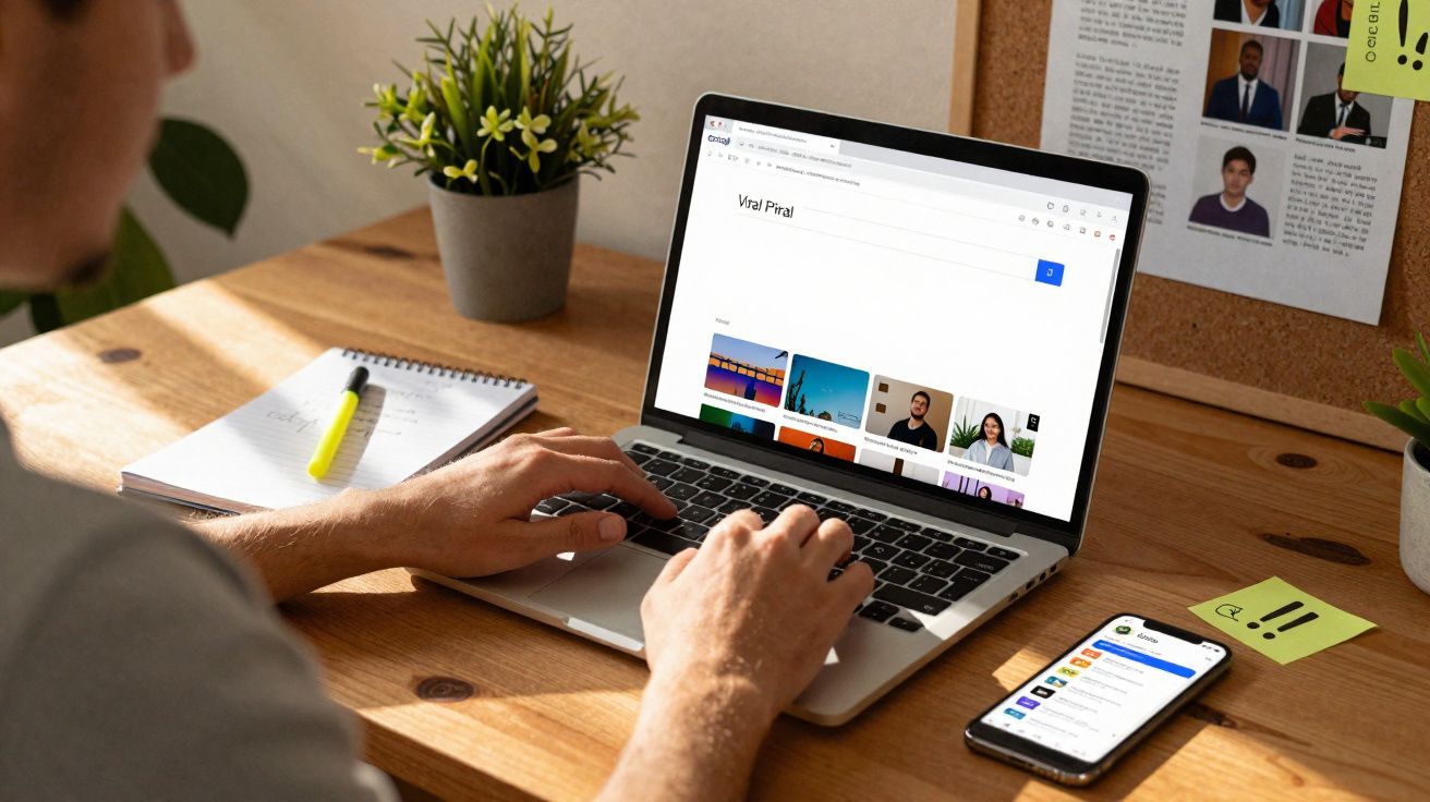 Pessoa usando laptop em mesa de madeira com caderneta, celular e plantas ao redor em ambiente de trabalho.