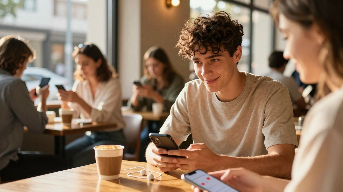 Jovens sentados em café moderno usando smartphones, com café e fones sobre a mesa de madeira.