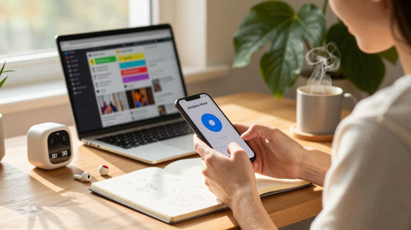 Pessoa usando smartphone em mesa com notebook, caderno, relógio digital e xícara de café fumegante.