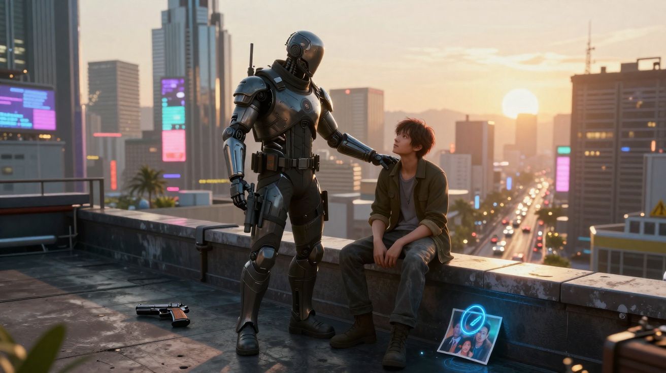 Robô tocando no ombro de jovem sentado em telhado ao pôr do sol na cidade futurista.