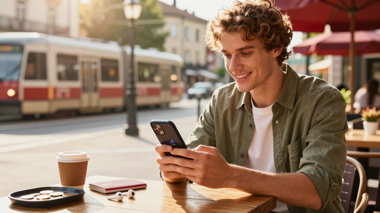 Jovem sentado em café ao ar livre sorrindo e usando smartphone com ônibus ao fundo.