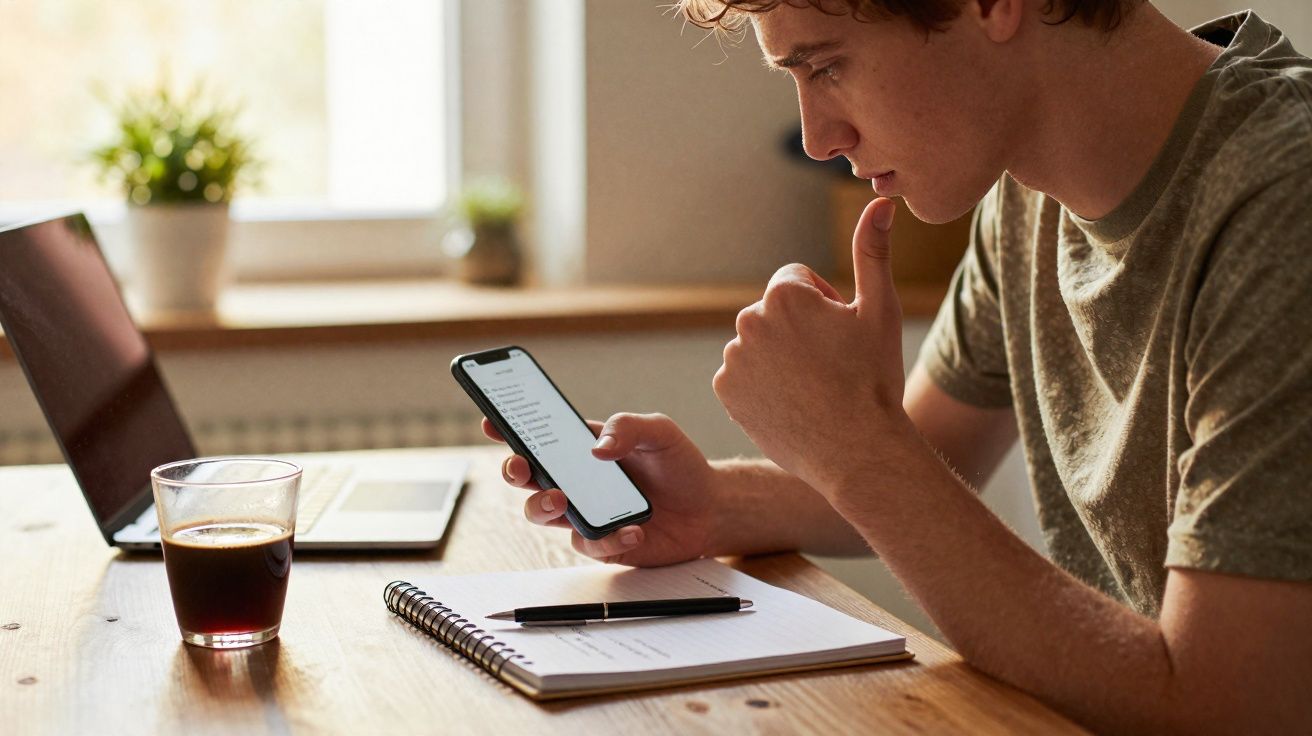 Jovem concentrado olhando para celular, com caderno, caneta, copo de café e laptop em mesa de madeira.