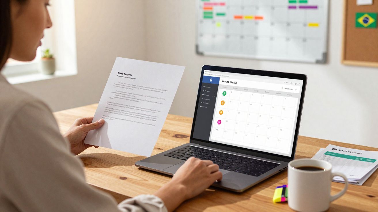 Pessoa analisando documento enquanto consulta calendário digital em laptop em ambiente de trabalho.
