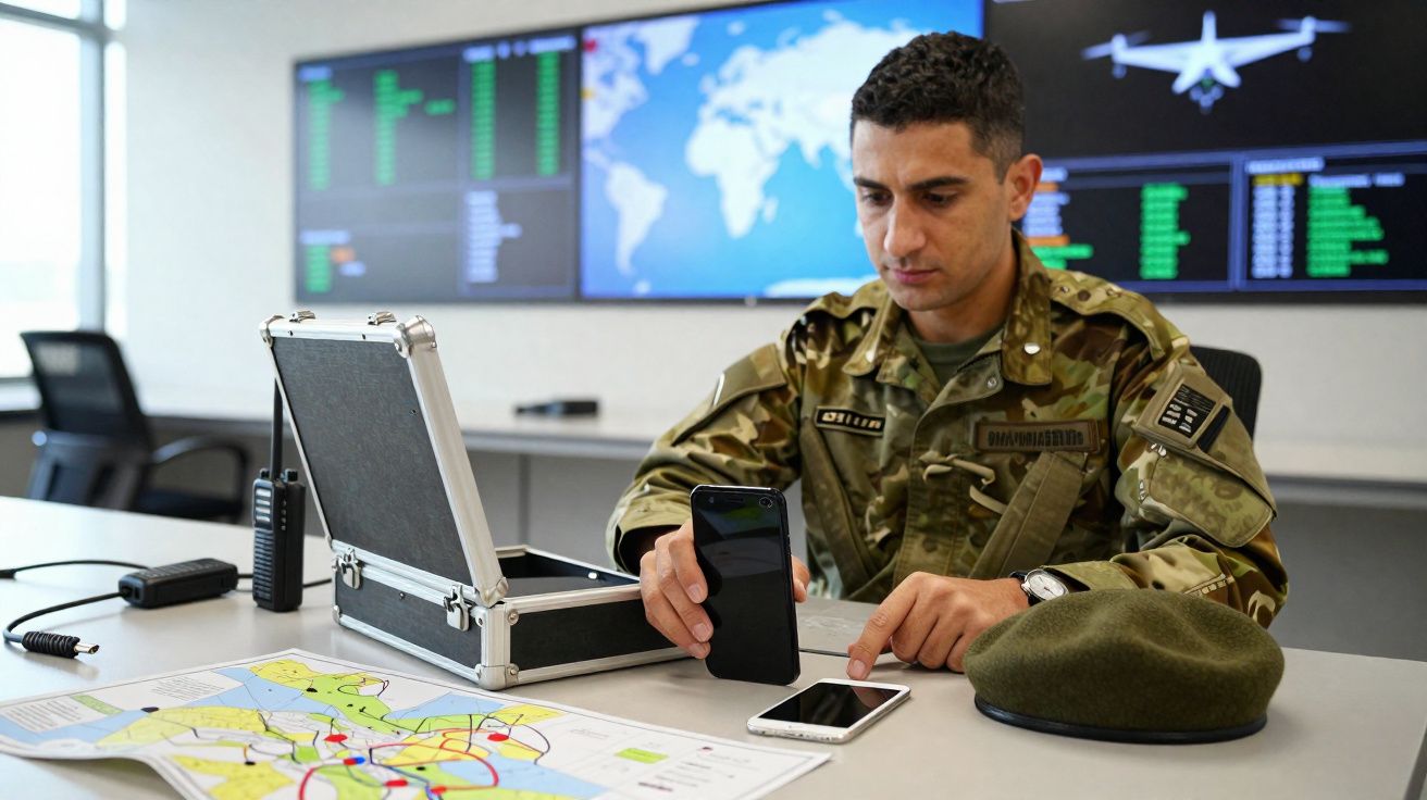 Militar em uniforme camuflado analisa celulares e mapa em sala de controle com monitores ao fundo.