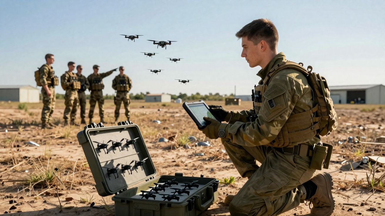 Soldado operando drones com tablet enquanto grupo observa em área aberta e seca.