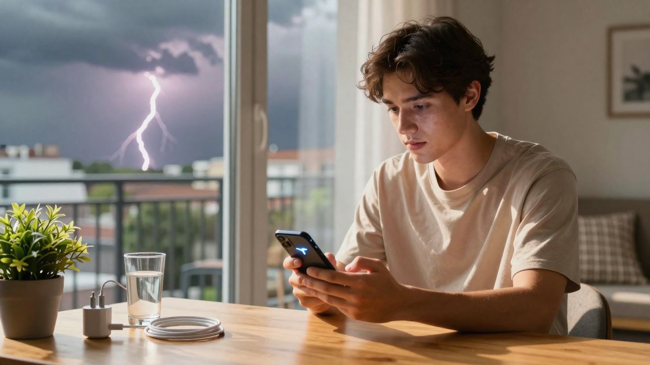 Jovem sentado à mesa usando celular com relâmpago visível pela janela ao fundo.