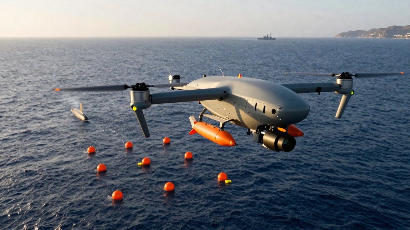 Drone cinza com sensores e equipamentos voando sobre o mar cheio de bóias laranjas com navio ao fundo.