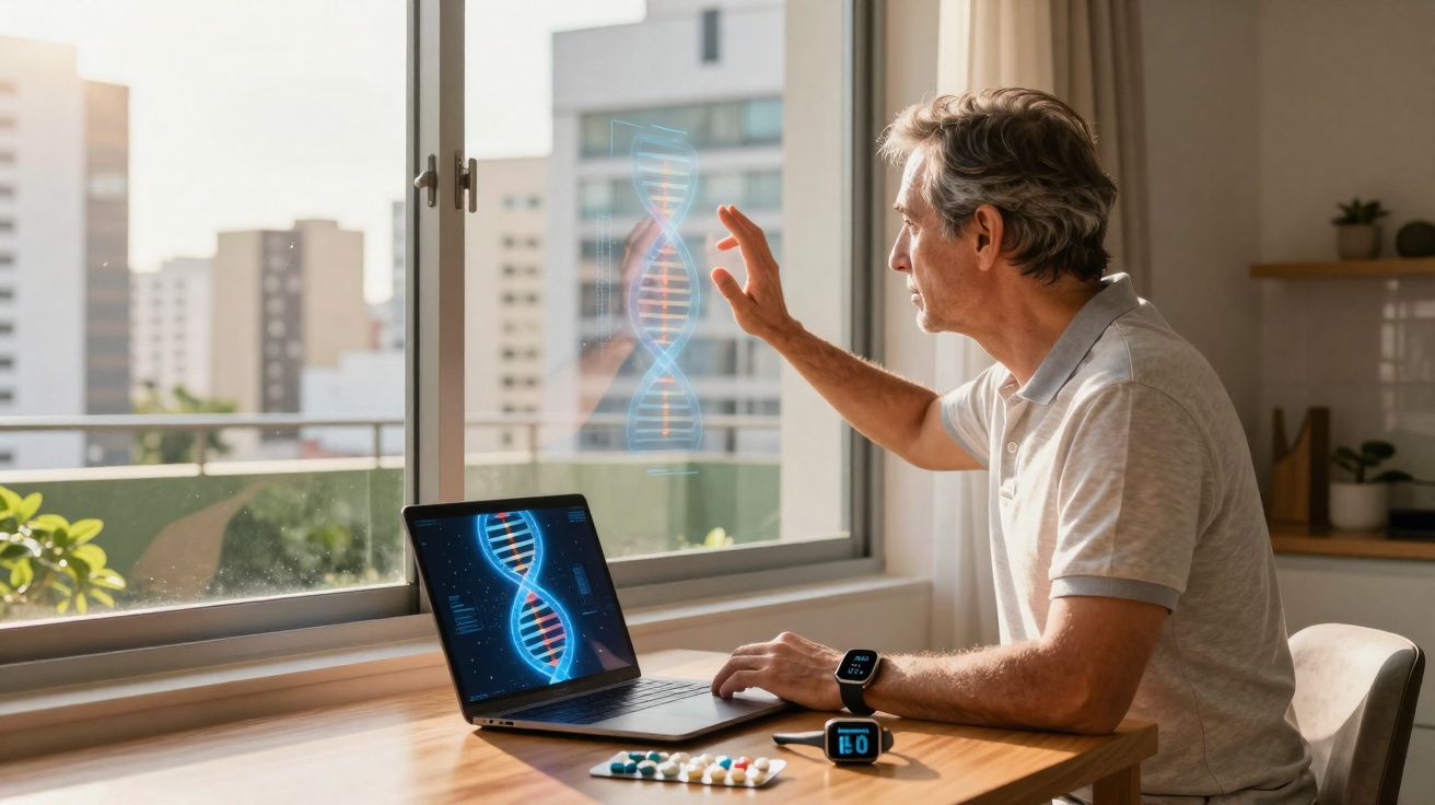 Homem mais velho sentado com laptop mostrando DNA, interagindo com holograma de dupla hélice à janela.