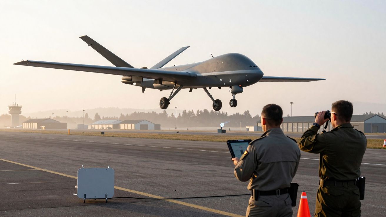 Drone militar de grande porte pousando em pista observada por dois militares, um com binóculo e outro com tablet.