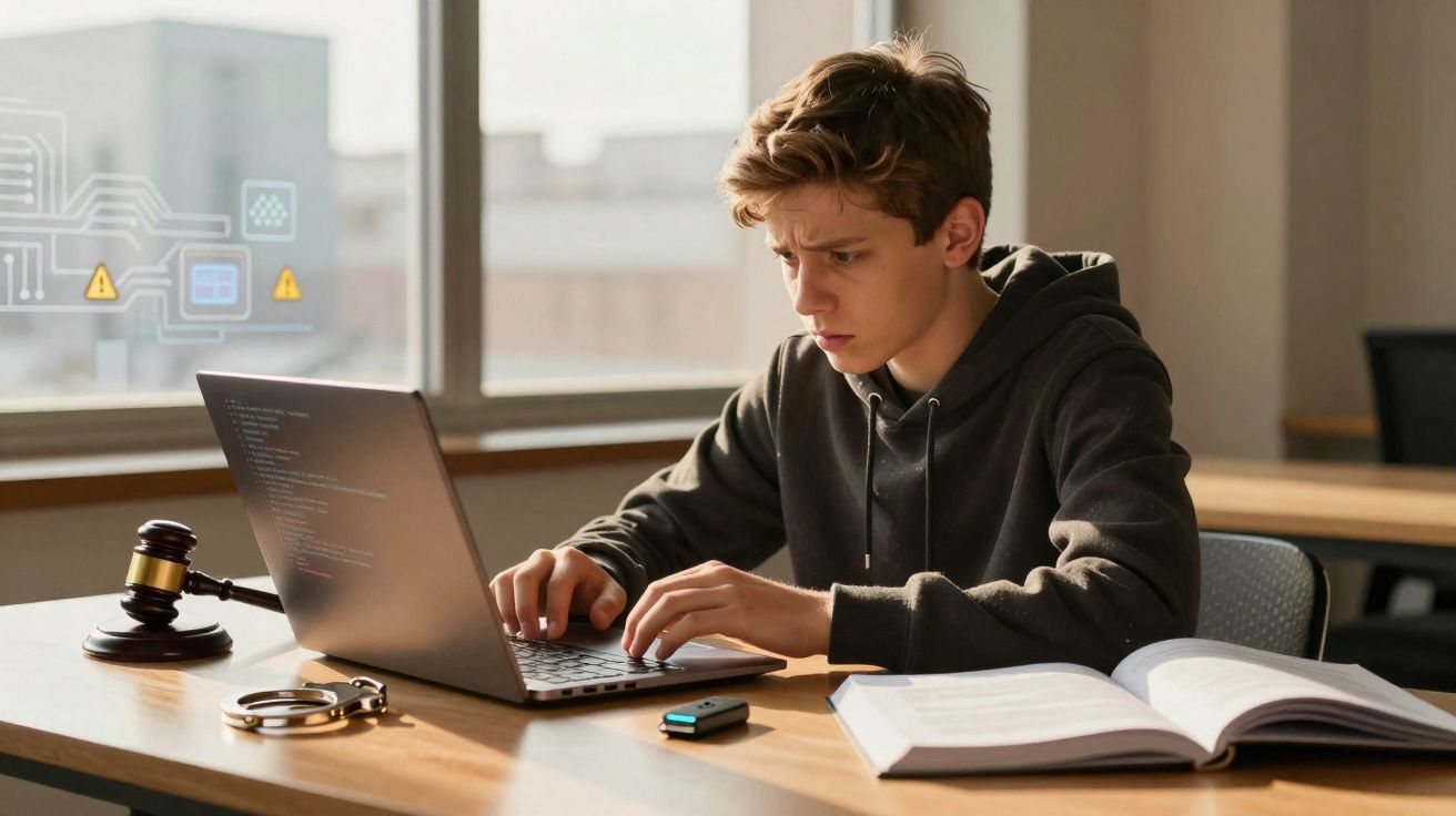 Jovem concentrado digitando em laptop, com algemas, martelo de juiz e livro aberto na mesa.