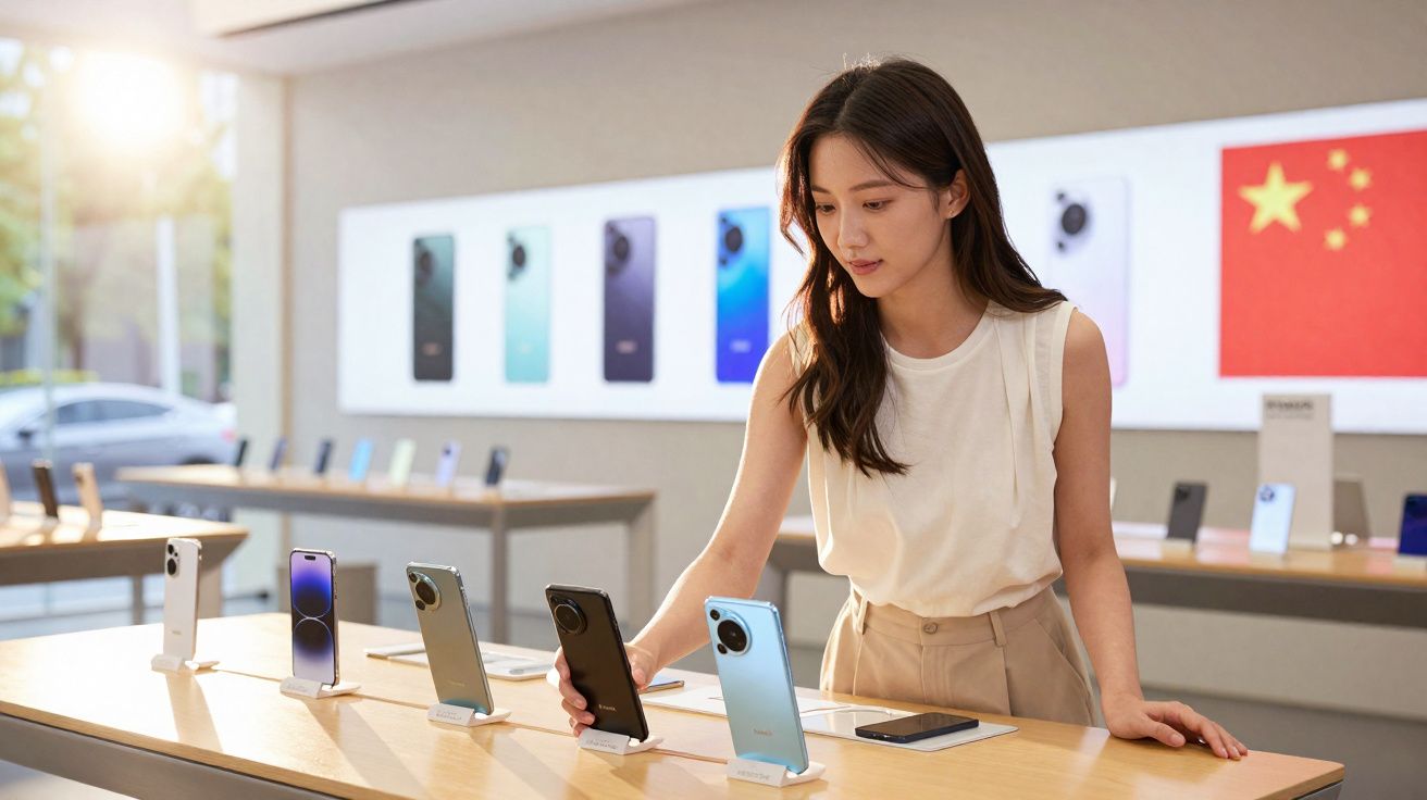 Mulher em loja de eletrônicos examina smartphones expostos sobre mesa iluminada.