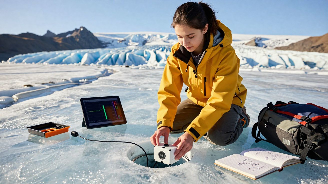 Mulher em jaqueta amarela coleta amostra em buraco no gelo com equipamentos científicos ao redor.