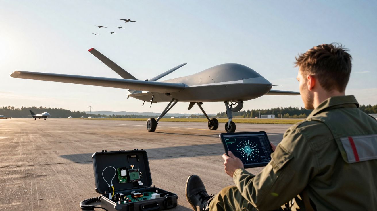 Homem controla drone militar em base aérea com aviões voando ao fundo.