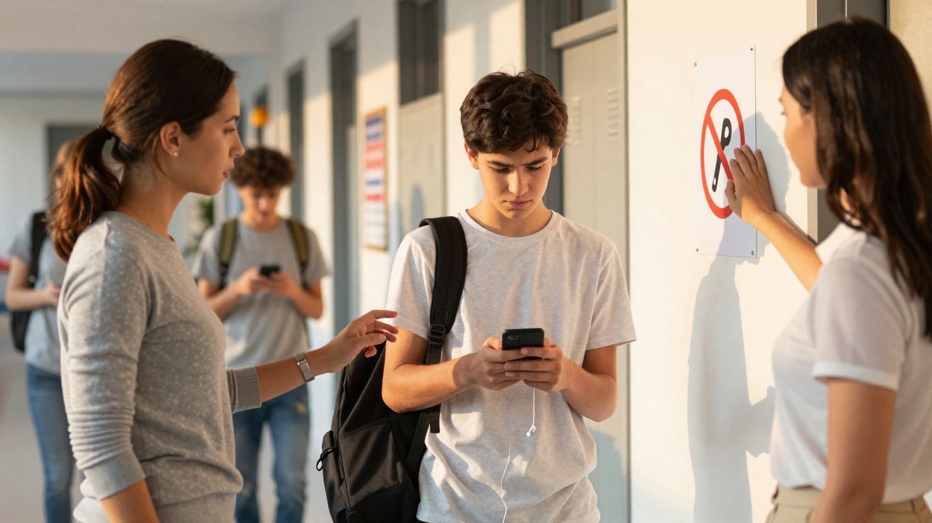 Adolescente usando celular no corredor da escola, enquanto duas mulheres o repreendem próximo a um sinal de proibido.