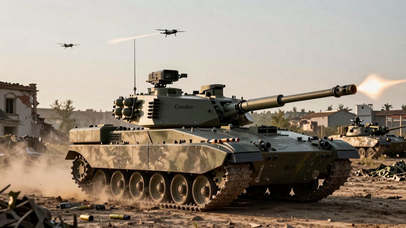 Tanque militar camuflado disparando em área devastada, com dois drones voando ao fundo.