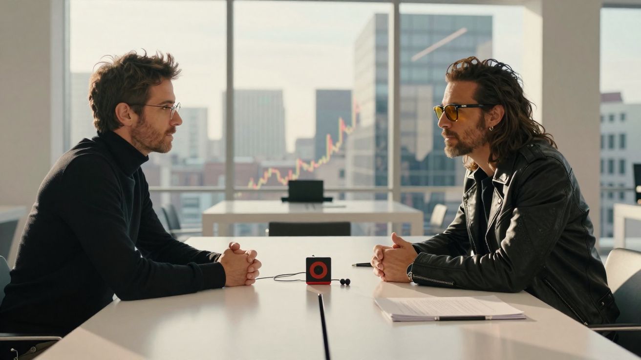 Dois homens sentados frente a frente em uma sala de reunião com grandes janelas, discutindo negócios.