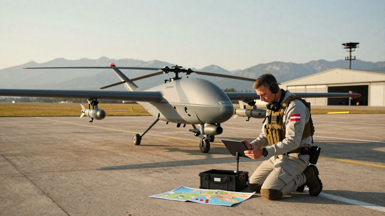 Homem militar com fone e colete verifica mapa e equipamento próximo a drone cinza em pista de aeroporto.