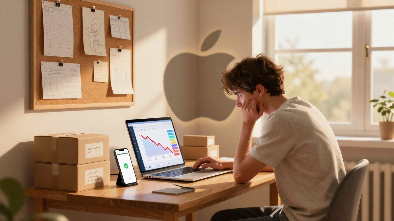Jovem preocupado olha gráfico em queda no laptop enquanto trabalha em mesa com caixas e celular.