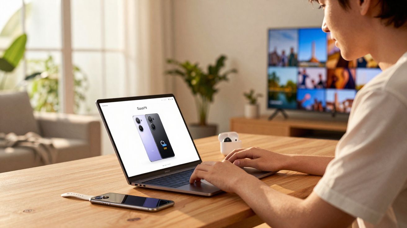 Pessoa usando laptop com imagem de smartphones na tela, ao lado de celular e fones em mesa de madeira.