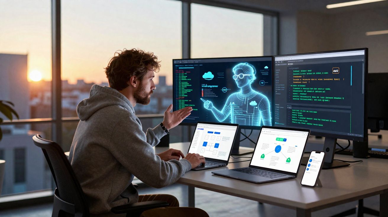 Homem trabalha com múltiplos dispositivos e holograma digital em escritório com vista ao entardecer.