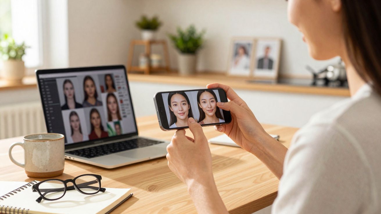 Pessoa segurando smartphone com fotos de rosto, ao lado de laptop com várias imagens faciais na tela.