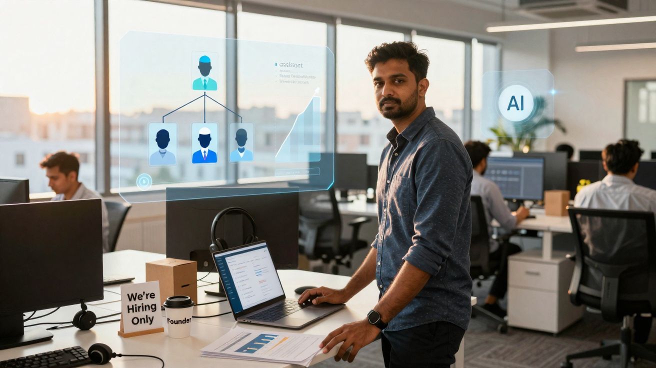 Homem em escritório moderno com laptop e gráficos digitais, simbolizando inteligência artificial e recrutamento.