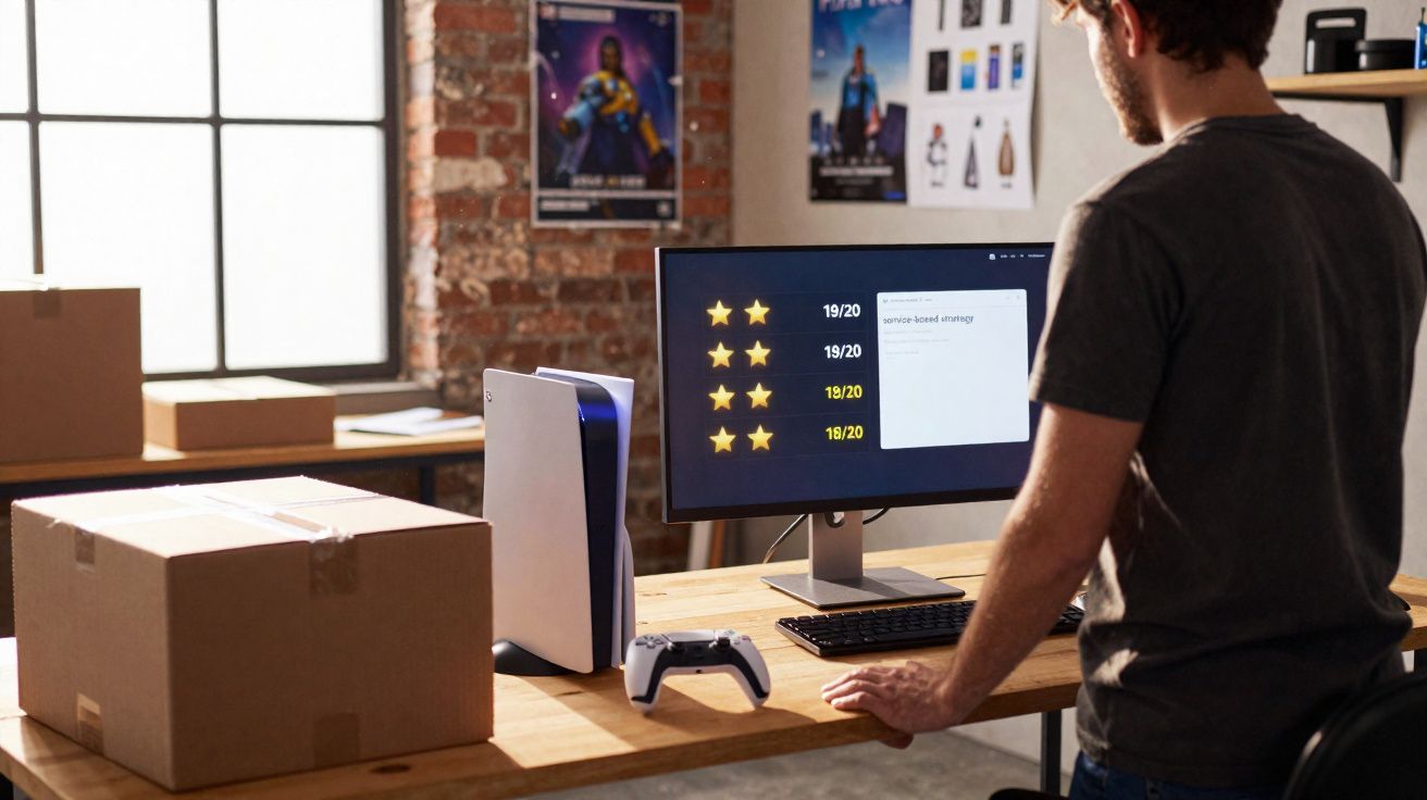 Homem avalia jogo no computador com console e controle ao lado em mesa de madeira.