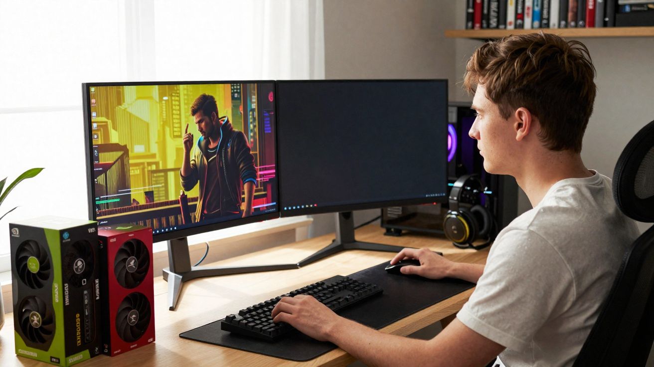 Jovem usando computador com dois monitores em mesa com caixas de placas de vídeo ao lado.