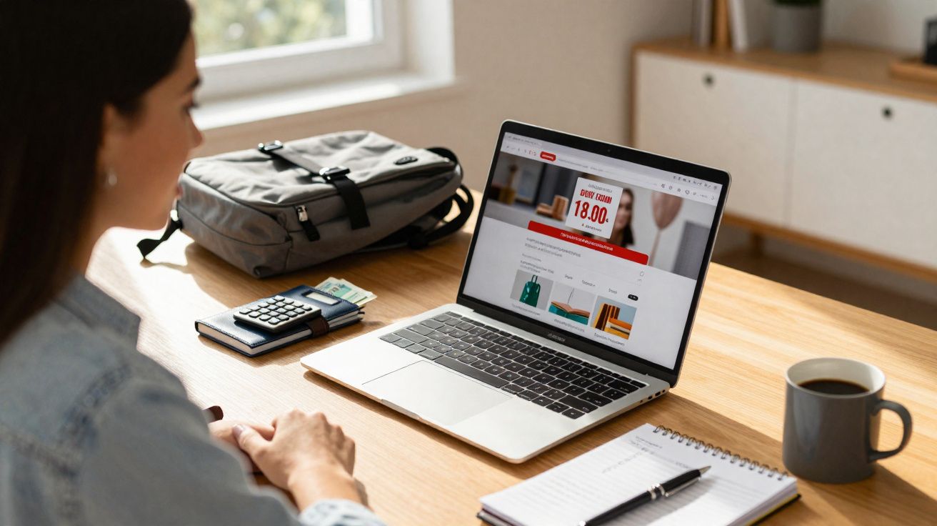 Mulher sentada à mesa com laptop aberto, mochila, notebook, pen drive e xícara de café.